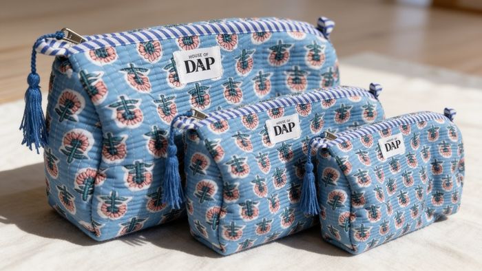 Brand New 3-Piece Hand-Block Print Quilted Cosmetic Bag Set, Nesting Travel Pouches, Cotton Toiletry Organiser