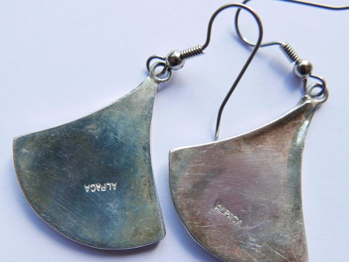 Vintage Alpaca Mexico Turquoise & Abalone Inlaid Silver Earrings