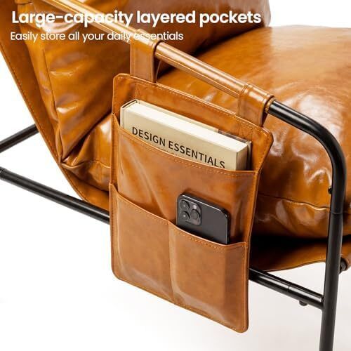 Faux leather Armchair Comfy Accent Chair with Sturdy Metal Frame Wood Armrest And bag Living Room chairs Soft Cushion Lounge couch sofa Chair Oversized Reading chair for Bedroom Patio Porch