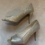 Gold glitter peep-toe heels. Image 5