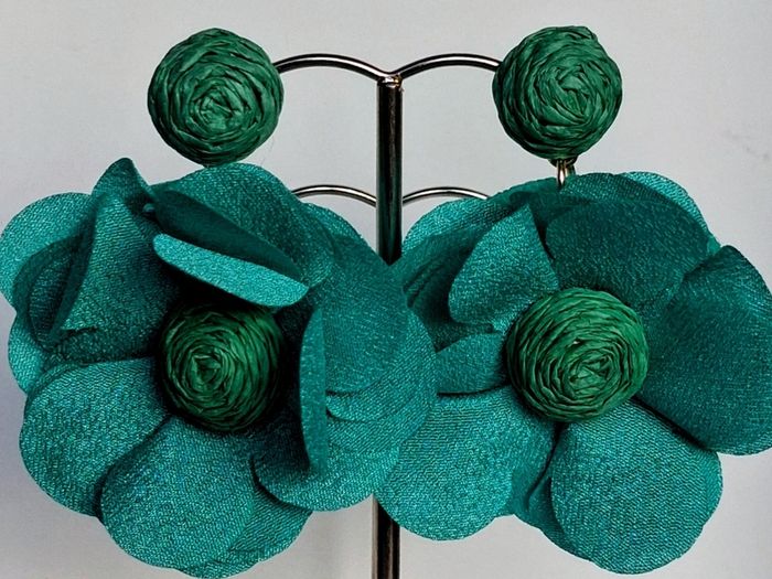 Chunky Raffia Green Fabric Flower Statement Earrings