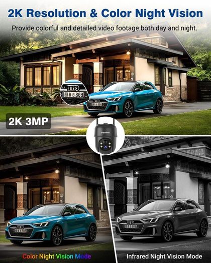Security Cameras Wireless Outdoor, 360 PTZ Battery Powered Outdoor Camera, 2.4G WiFi Camera with Spotlight Color Night Vision, Motion Sensor Alarm, IP66-Bla