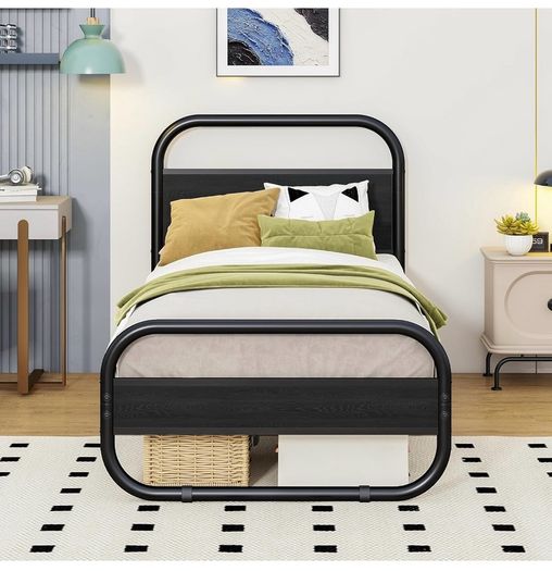 Single Bed Frame with Headboard, Black Single Bed 90x190 cm