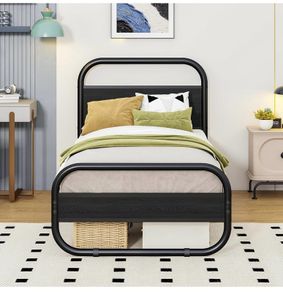 Single Bed Frame with Headboard, Black Single Bed 90x190 cm