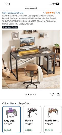 Gaming Desk with LED Lights & Power Outlet, Reversible Computer Desk with Moveable Monitor Stand, 100x75x50CM Office Desk with USB Charging Station for Home, Bedroom, Study,Gray Oak