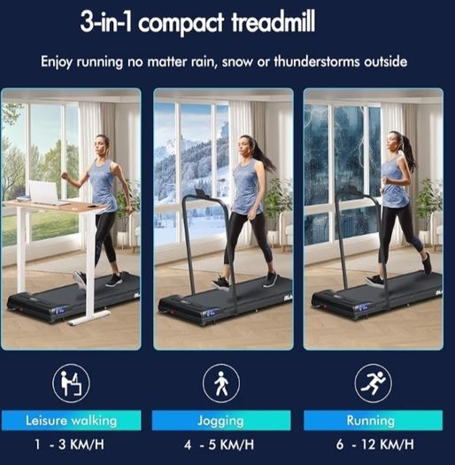 Portable Walking Pad, 3-in-1 Compact Foldable Under Desk Treadmills for Home, LED Display, Remote Control, Electric Running Machine, 120KG Loads, Max. 9 or 12km/h, for Walking Jogging
