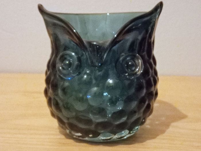 Vintage Hand Blown Glass Owl Shaped Vase. Murano Style, Dark Blue Colour.