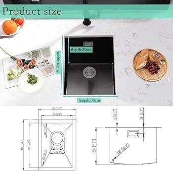 Black Kitchen Sink, 30X40CM Small Sink Stainless Steel Single Bowl, BoomHoze Outdoor Campervan with Overflow, Drainer Fittings, Undermount, Top Mount, Drop in Flushmount Installation, Black