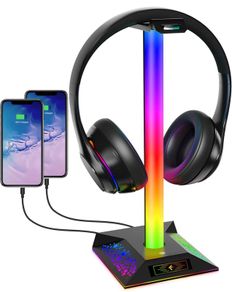 Headphone Stand Gaming Headset Holder PC Gaming Accessories for Desk, Cool LED Headset Stand with 2 USB Charger for Gamer