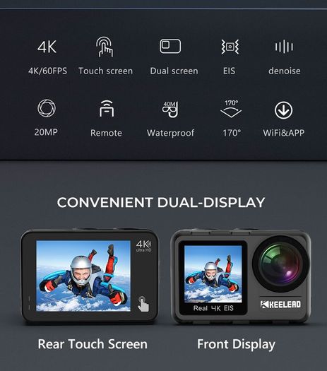 Action Camera K80 4K Dual Screen WiFi 5m Body Waterproof 60FPS 20MP 2.0 Touch LCD EIS Remote Control 4X Zoom Sports Cam