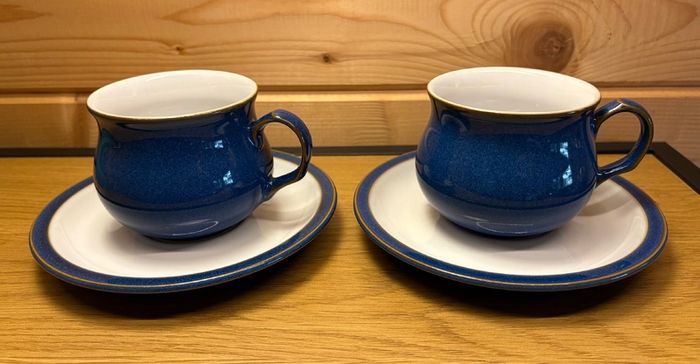 Pristine Pair of Denby "Imperial Blue" Cups & Saucers | English Stoneware Set of 2
