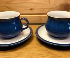 Pristine Pair of Denby "Imperial Blue" Cups & Saucers | English Stoneware Set of 2