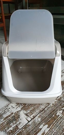 Cat litter box with swinging door