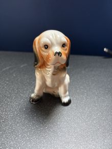 1950s Dog Figurine Vintage. Glazed Porcelain Spaniel Puppy 4.25 H Brown White