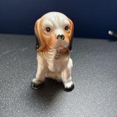 1950s Dog Figurine Vintage. Glazed Porcelain Spaniel Puppy 4.25 H Brown White