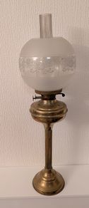 Oil Lamp Antique Victorian Brass Column Oil Lamp  Duplex English Made with Etched Glass Globe & Chimney