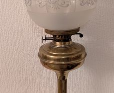 Oil Lamp Antique Victorian Brass Column Oil Lamp  Duplex English Made with Etched Glass Globe & Chimney