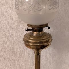 Oil Lamp Antique Victorian Brass Column Oil Lamp  Duplex English Made with Etched Glass Globe & Chimney