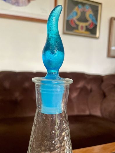Set of Glass Genie Bottles with Turquoise Blue Flame Stoppers and Tall Containers with Mushroom Lids MCM Retro