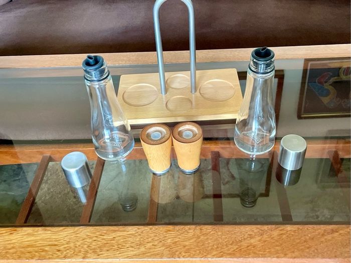 Vintage Bodum Oil Vinegar Salt Pepper Cruet Set by Georg Fontana Danish Beechwood with Aluminum 1990s