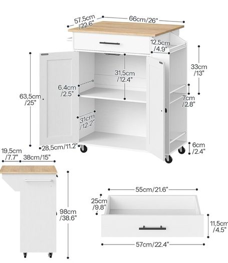 Kitchen Island with Folding Countertop, Kitchen Storage on Wheels White and Natural, Kitchen Island on Wheels, Storage Cabinet with Adjustable Shelf and Towel Rack for Kitchen and Dining Room