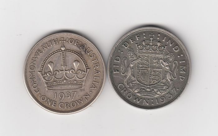 1937, Australian Crown,92.5% silver coin & 1937 G.B. Crown 50% silver coin (no. 479)