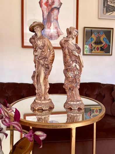 Vintage Oriental Resin Sculptured Figures Traditional Attire 1970s