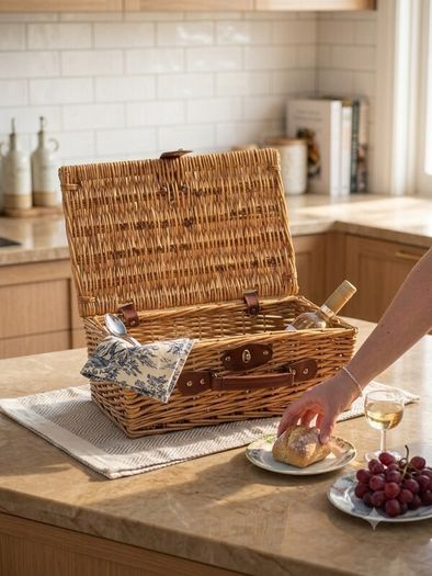 Classic Wicker Picnic & Hamper Basket with Leather Straps