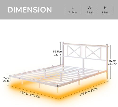 Floating Bed Frame with LED Lights and Charging Station