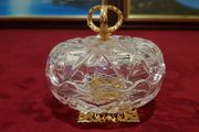 Killarney Crystal Cut Crystal Glass With Golden Crown Handle Lidded Jewelry Dish / Bowl With 22 Carat Gold Cover Handle and Footed Base Finishing Made In Ireland