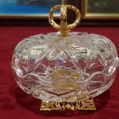 Killarney Crystal Cut Crystal Glass With Golden Crown Handle Lidded Jewelry Dish / Bowl With 22 Carat Gold Cover Handle and Footed Base Finishing Made In Ireland