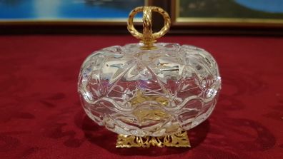 Killarney Crystal Cut Crystal Glass With Golden Crown Handle Lidded Jewelry Dish / Bowl With 22 Carat Gold Cover Handle and Footed Base Finishing Made In Ireland
