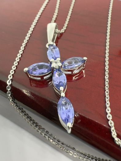 Tanzanite White Zircon Cross Pendant with Chain