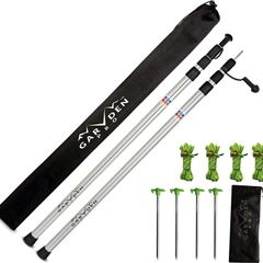 Set of 2 Telescoping Tarp Poles | Replacement Canopy Adjustable Aluminum Rods, Portable & Lightweight for Tent Fly, Awning, Outdoor Camping, Hiking, Backpacking & Rainfly + 4 Pegs & 4 Reflective Ropes