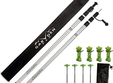 Set of 2 Telescoping Tarp Poles | Replacement Canopy Adjustable Aluminum Rods, Portable & Lightweight for Tent Fly, Awning, Outdoor Camping, Hiking, Backpacking & Rainfly + 4 Pegs & 4 Reflective Ropes