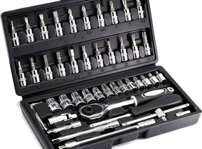 FREE SHIPPING 46 Piece 1/4 Inch Drive Socket Set&Tool Sets,Ratchet Wrench Set with 4-14mm Cr-V Sockets,Screwdriver Bits,Extension Bars for Household Car Bike Repair