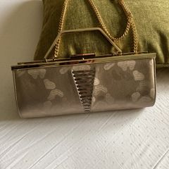 Renata Made in Italy - 3 way ( clutch, hand or shoulder) Nude Bag with gold trim- Brand New