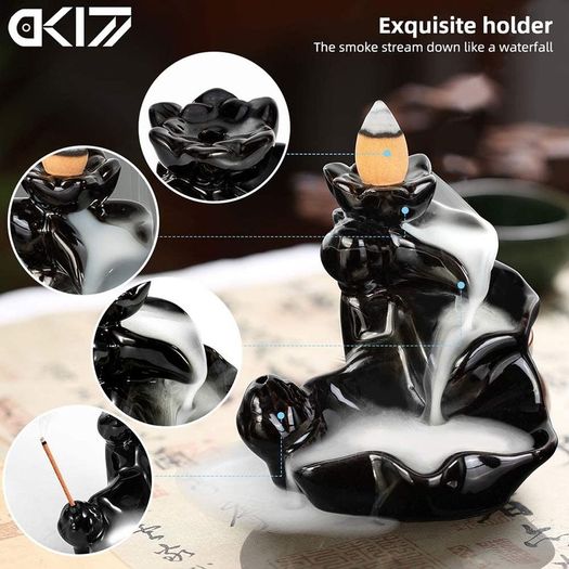 Waterfall Incense Holder Backflow Cone Ceramic Burner Handcrafted Porcelain Censer Incense Stick Stand with 20 Cones