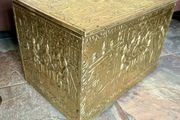 Ornate Brass Fireside Coal Box Embossed Tavern Scene