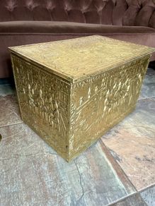 Ornate Brass Fireside Coal Box Embossed Tavern Scene
