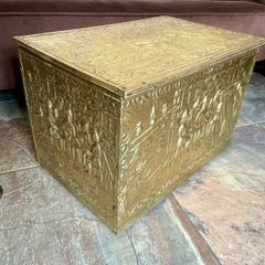 Ornate Brass Fireside Coal Box Embossed Tavern Scene