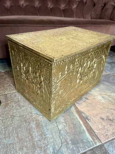 Ornate Brass Fireside Coal Box Embossed Tavern Scene