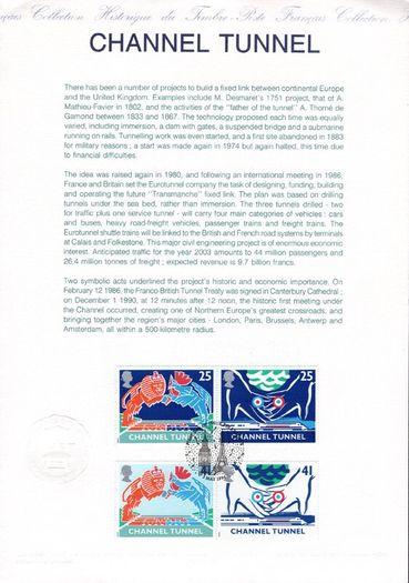 1994 Great Britain & France Joint Issue Presentation Pack to celebrate opening of Channel Tunnel with set of each countries Commemorative Stamps with First Day of Issue cancel incl embossed cancel