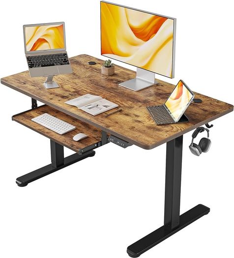 NEW SALE | Height Adjustable Electric Standing Desk with Keyboard Tray, 100 x 60 cm Sit Stand up Desk with Splice Board, Black Frame/Rustic Brown Top