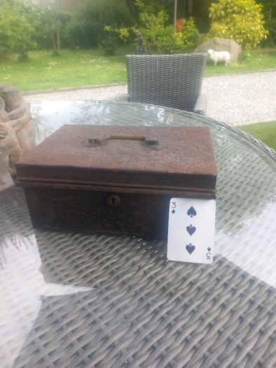 Antique Irish metal money box, prop, theatre TV, D18