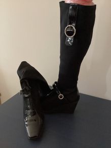 Black Boots Knee High Wedge Stretch Diamonte Detail Size 41 NEW