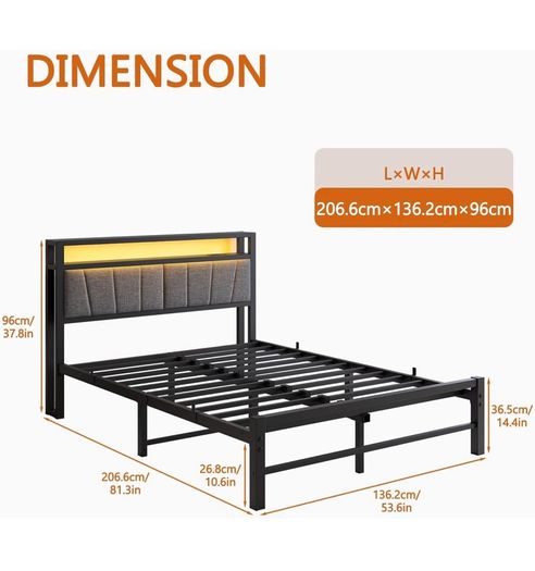 Double Bed Frame with Storage and LED Lights,4ft6 Metal Platform Bed Frame Double Size Bed Base with Charging Station,Mattress Base,Strong Slats Support,Under-bed Storage,Noise Free,Grey
