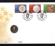 2002 Ireland Euro Currency Commemorative Stamps Philatelic Numismatic Cover (PNC) with E1 coin First Day Cover (FDC)