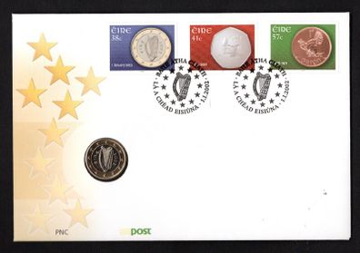 2002 Ireland Euro Currency Commemorative Stamps Philatelic Numismatic Cover (PNC) with E1 coin First Day Cover (FDC)