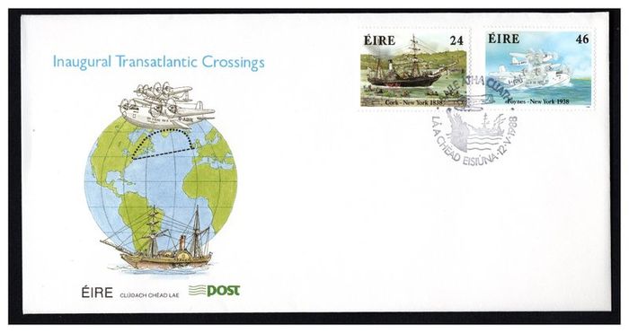 1988 Ireland Anniversaries 150th of 1st Passenger Steamship Crossing & 50th Anniversary of 1st Commercial Air Crossing Commemorative Stamps An Post First Day Cover (FDC)